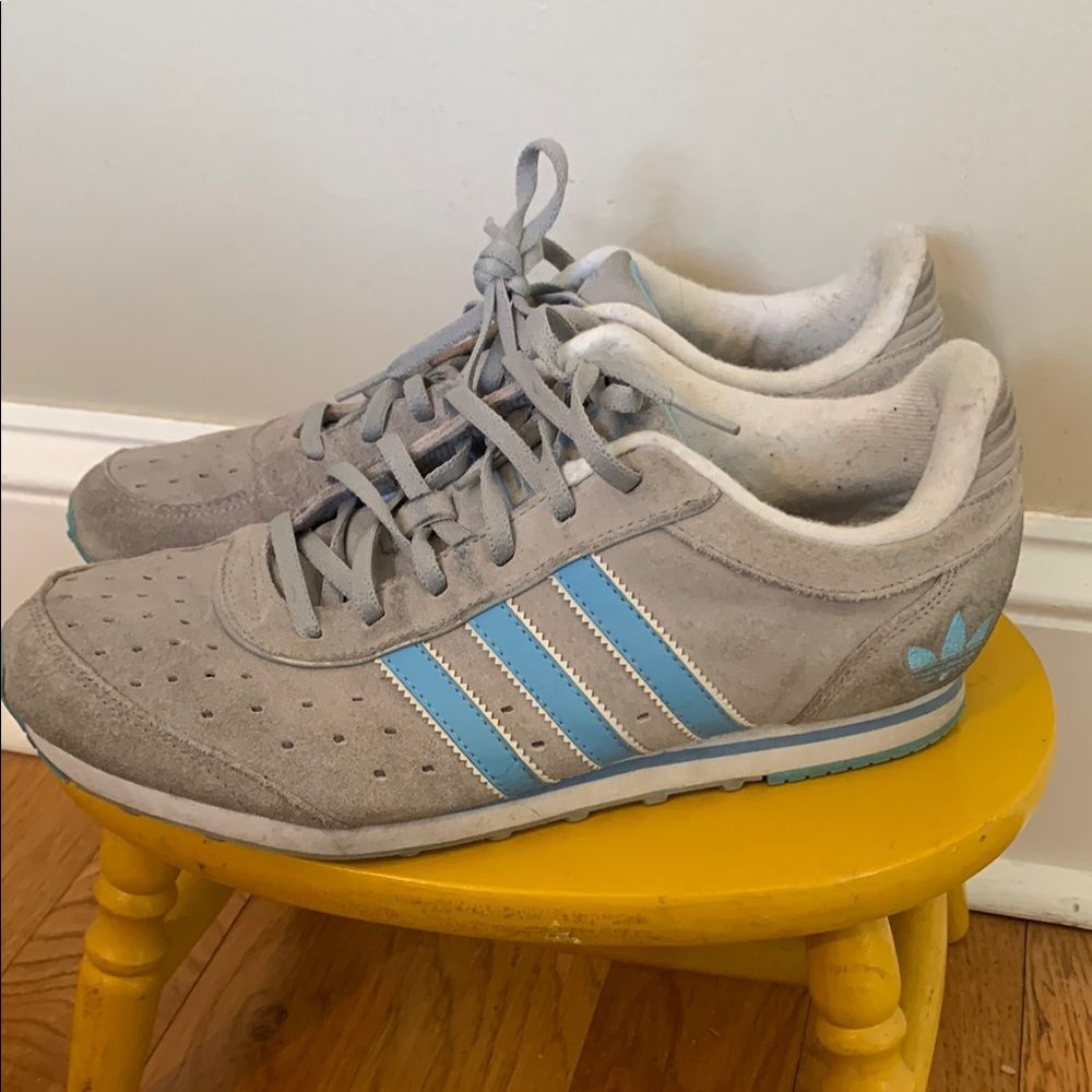 Adidas Originals Vintage Retro Gray Suede Blue Stripes Runner Sneakers Size 10